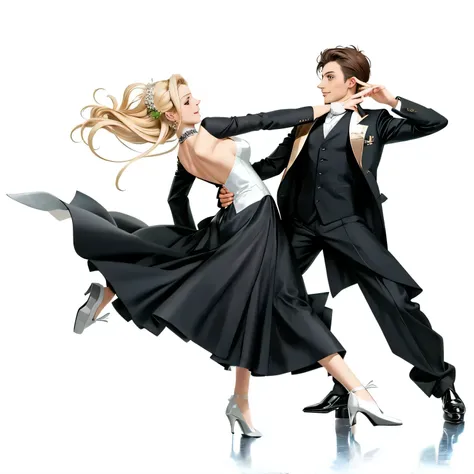 Beautiful men and beautiful women,The man is wearing a white tailcoat, The woman is wearing a white ballroom dress, dance gracefully, model body shape, Losing weight,long limbs,good style,Couple Dance, Dancing to each other, wearing a white dress, Ballroom...