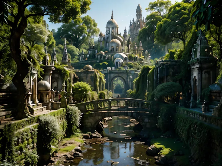 a ancient city reclaimed by the forest, crumbling stone walls and towers peeking through a sea of dense vegetation. once splendi...