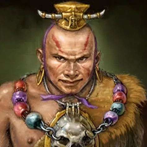 Close-up of man with skull on head, viking shaman, baldurs gate character portrait, Aztec Warrior, witch doctor, orc portrait warrior, portrait berserker barbarian, shaman, alligator shaman, an aztec warrior, Portrait of the male god Svarog, Portrait of a ...