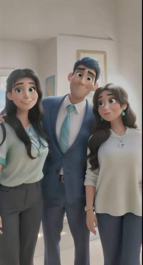 familia no estlio disney pixar, homem de azul mais velho, woman in normal green and  in white