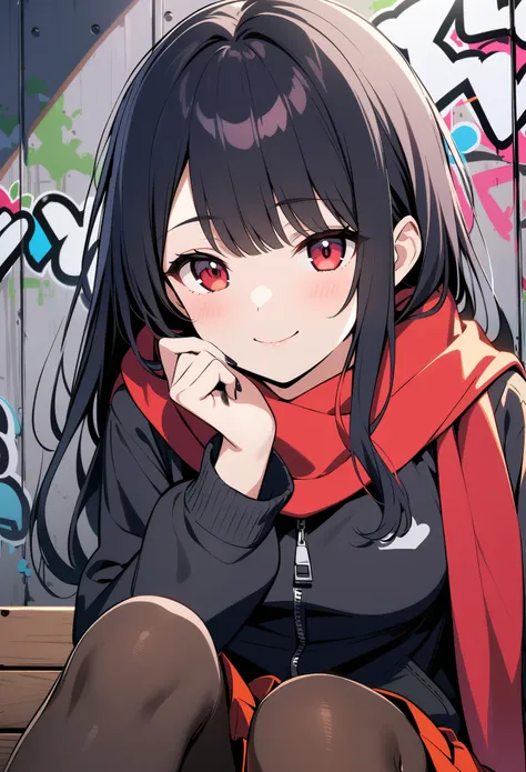 顶级animation质量，animation，HD，1080P，solo，(low angle)，a woman，close mouth，smile，extremely detailed black hair and happy eyes，long hair with swept bang，(One hand touching the face)，black Nail polish，(red scarf, black zip up jacket and red pleated skirt)，trend，d...