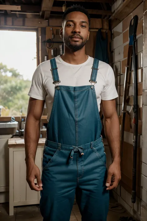 man dressed in carpenter overalls with tools hanging from his waist. com dizeres " Marido de aluguel: maintenance, reparos e etc. Whatsapp 81 98883-2800
