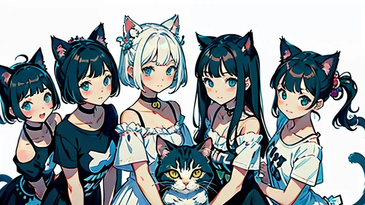 (highest quality, masterpiece, High resolution)、(anime art)、,cinematic light、soft light、5 girls、(several girls)、black hair、Black Cat Costume、White Cat Costume、Tabby cat costume、Striped cat costume、Persian Cat Costume、3-color cat costume、(loose t-shirt)、loo...