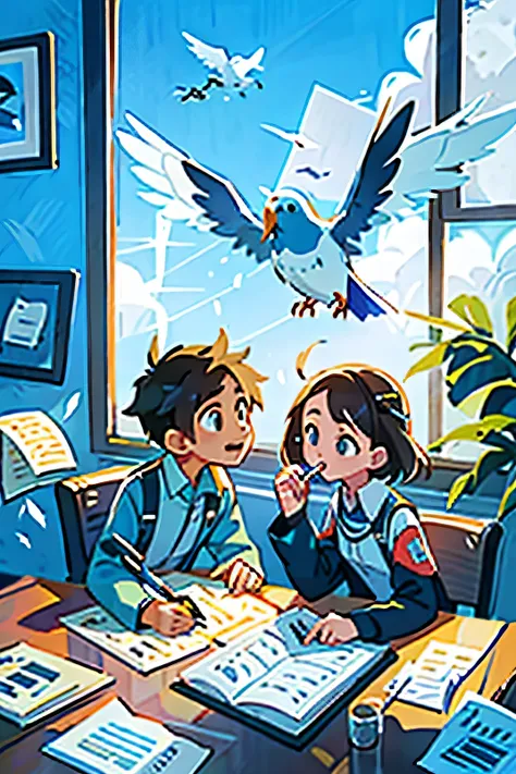 A male student and a female student are discussing how to design a bionic bird product with paper and pen on the table，Blue sky and white clouds outside the room