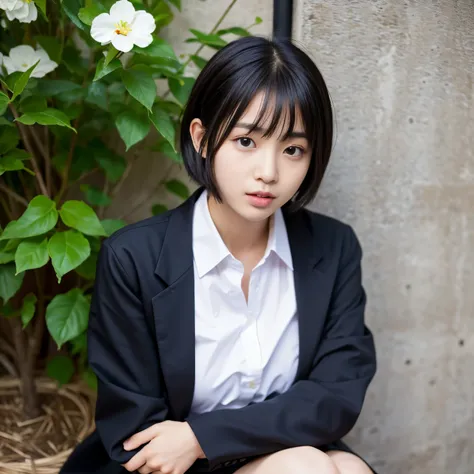 Best-quality, Masterpiece, Ultra-High-Resolution, (Photorealistic:1.4), Raw-Photo, 1girl, the most famous Japanese idol, (wearing wearing black jacket, white dress-shirt, black slacks), (sitting against wall, hold a lit cigarette in her left hand, putting ...