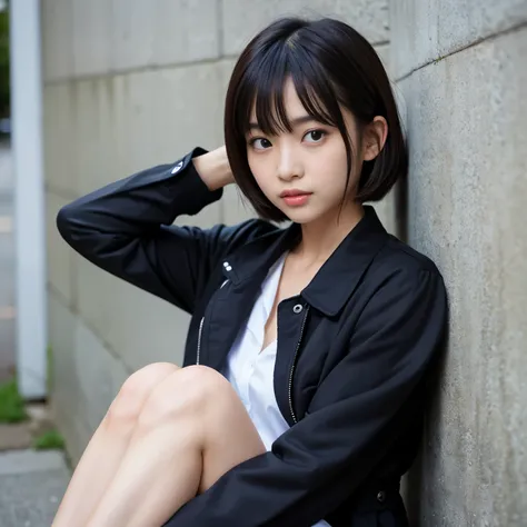 Best-quality, Masterpiece, Ultra-High-Resolution, (Photorealistic:1.4), Raw-Photo, 1girl, the most famous Japanese idol, (wearing black jacket, white dress-shirt, black slacks), (sitting against wall, head tilt, looking at viewer), extremely cute face, ext...