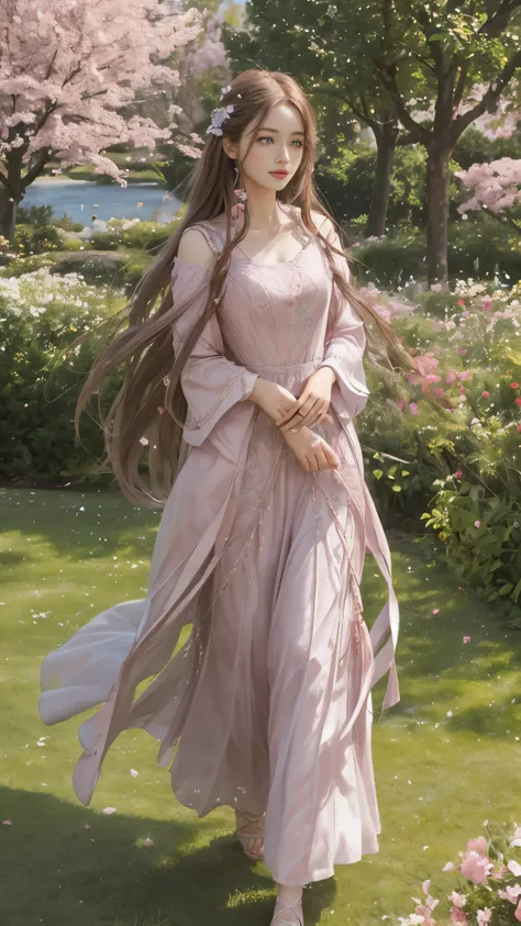 In the heart of a tranquil daytime scene, a superb piece of art unfolds. One girl, dressed in a pink dress, stands amongst falling flowers, her figure embodying the epitome of a perfect woman. The chestnut long-haired woman radiates an enchanting allure, w...