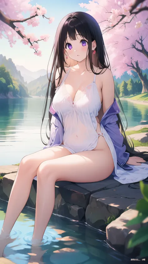 Stunning Chitanda, There is only one beautiful girl，purple eyes, black hair, Naturally straight hair, straight bangs，extremely refined，lips open，flowing long hair，Peerless beautiful girl, dreamlike，Slim，soft, (Sensual), (kawaii), Dream quality，White loose ...