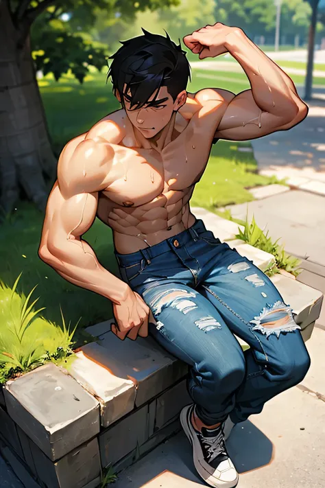 shirtless super muscular sweat-drenched 23-year old short black hair handsome caucasian male, tattered jeans, sneakers, in the park