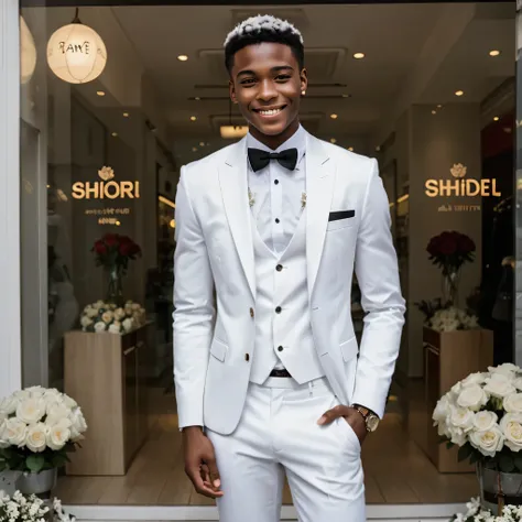 Skinny black man wearing full white a suit with roses in hands wearing a watch in front of a shop, very short hair smart looking,dark brown skin,teen, smiling