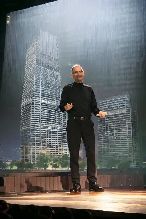 presenting the annual policy on stage、draw a steve jobs-style man。