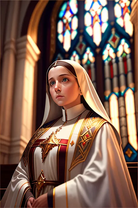 best quality, super fine, 16k, RAW photo, photorealistic, incredibly absurdres, extremely detailed, A cute and beautiful nun who looks like a church goddess, her robes, pipeorgan covering the entire wall, stained glass, majestic scene, light shines through