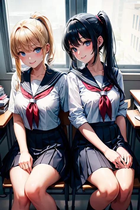 Two beautiful high school girls, sitting in chairs in a classroom with desks between them, talking, wearing shiny sailor clothes, long skirts, pretty smiles, blue eyes, black bobbed hair and a blonde ponytail, high quality