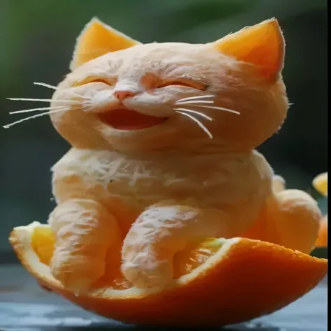 There is a cat made of orange sitting on the table, The cat is orange, orange cat, an orange cat, cat is smiling, Happy cat, a cat is smiling, funny cat, smiling cat, kawaii cat, marmalade, Smile ah ah ah, Orange head, sculpted out of candy, fluffy orange ...