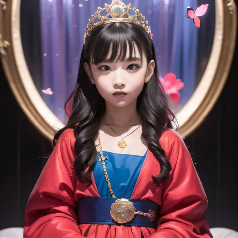 32K（tmasterpiece，k hd，hyper HD，32K），Long flowing black hair，Autumn pond ，Blue and purple python protector （realisticlying：1.4），Carp pattern red robe，Purple-pink tiara，Petals flutter，The background is pure，Hold your head high，Be proud，The nostrils look at p...