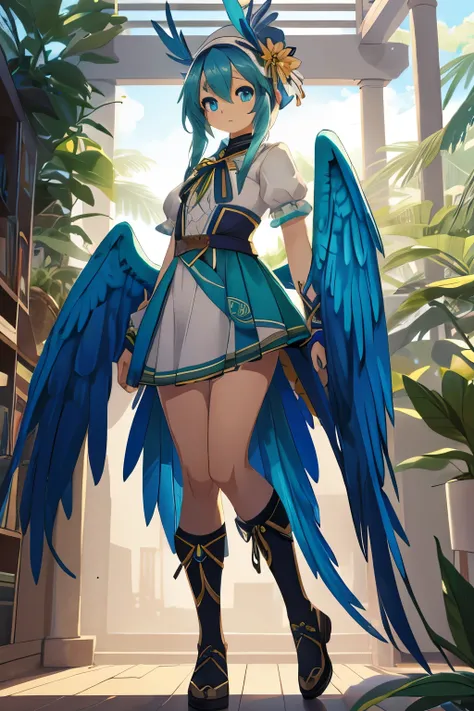 woman with blue wings (blue macaw wings) and green wings, green and blue eyes, vtuber clothing, girl, anime, special, 4k, perfect ayes, Colombian, full body, references, sheet, quality,