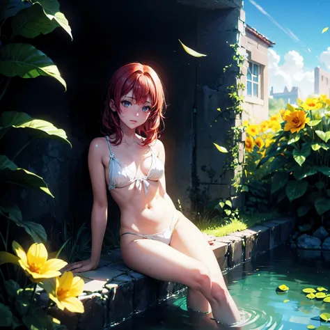 (masterpiece,best quality,ultra-detailed), CG, award winning, ccurate, UHD, textured skin, chromatic aberration, perfect anatomy, Fujicolor, fantasy, 1 young nymph sitting aside stream near the ruin, at evening, small breasts, short swet body, silky, strai...