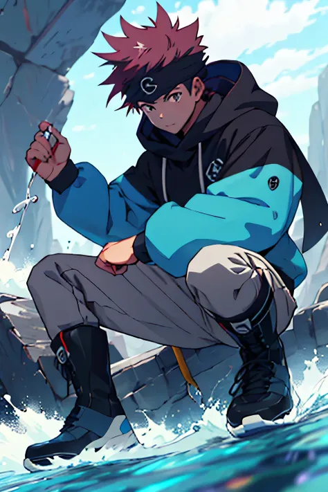 Anime boy, pokemon style, water trainer, black hood, boots, blue head scarf, master piece, detailed, high quality