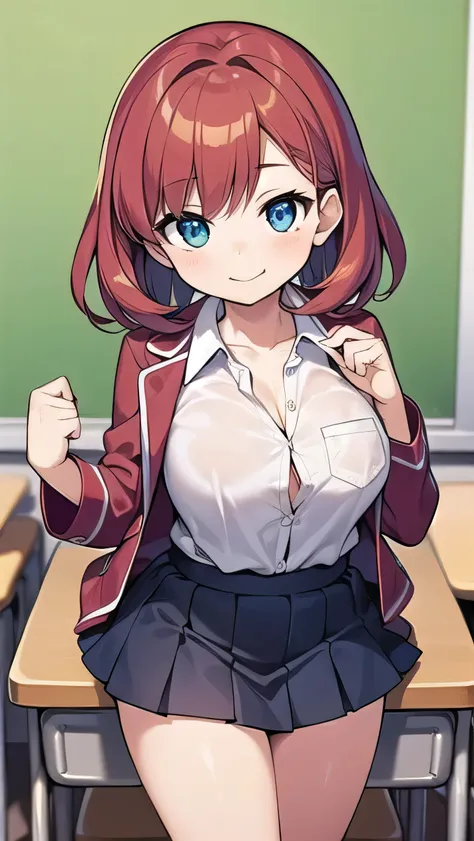 Big breasts, red hair, blue eyes, droopy eyes, red jacket, long sleeves, navy skirt, elementary school student, super big breasts, (medium hair: 1), baggy clothes, elementary school student, young face, short height, 10 years old, old, shy Agari, smiling a...