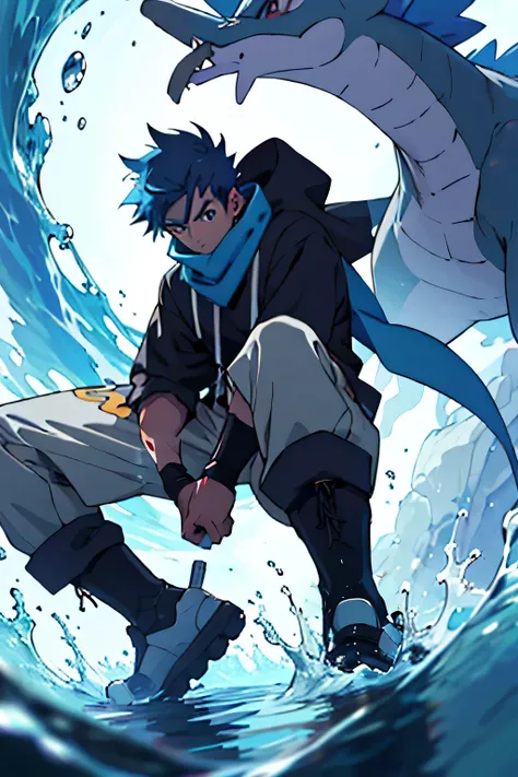 Anime boy, pokemon style, water trainer, black hood, boots, blue hair, scarf, master piece, detailed, high quality