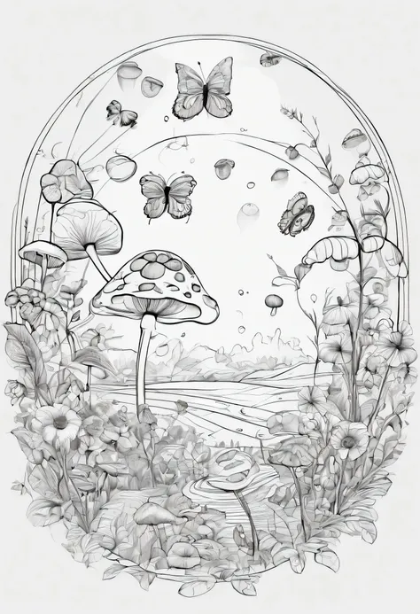 a ladybug in a raindrop bubble among mushrooms and flowers and butterflies, line art, 3d style, color book, high quality, hand drawn, line art