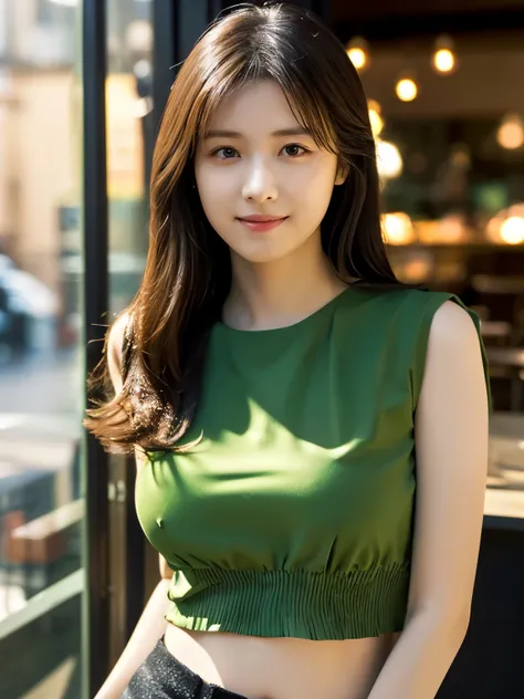 1 girl, (wearing a green blouse:1.2), black short skirt, beautiful japanese actress, (RAW photo, highest quality), (realistic, Photoreal:1.4), masterpiece, very delicate and beautiful, very detailed, 2K wallpaper, wonderful, finely, very detailed CG Unity ...