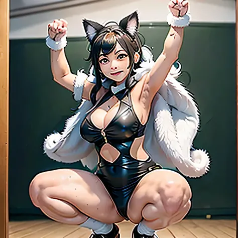 Dobby,1girl,animal ears,armpits,arms up,bangs,black gloves,breasts,brown eyes,cape,cat ears,cleavage,clenched hand,clenched hands,clothes writing,clothing cutout,covered navel,earmuffs,earrings,fake animal ears,fighting stance,fingerless gloves,flexing,ful...