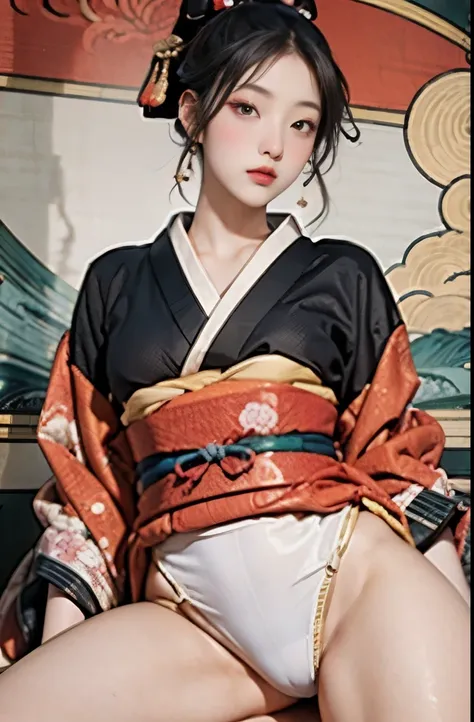 (masseter membrane、top quality、Ukiyo-e style、mystery、Exquisite and beautiful、official art、Sharaku:1.2)、(1 girl in:1.3)、(fractal art:1.3)、cowboy shooting、White skin、(beautiful brunette、kimono:1.2)、Set against the backdrop of traditional Japanese performing ...