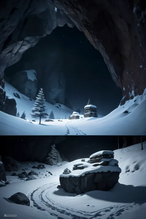 A cavern in a nordic forest with snow and a rock for a man to sit