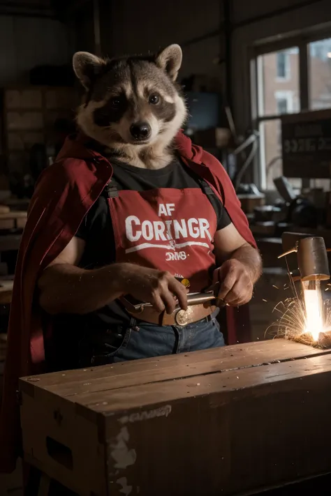 A 60 year old raccoon with a beard and a red cape fighting cancer and a welder and tools shirt with a white shirt with the name Manuel Barton 