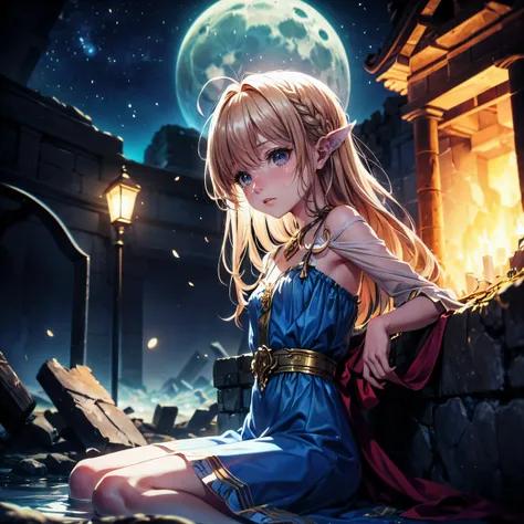 (masterpiece,best quality,ultra-detailed), CG, award winning, ccurate, UHD, textured skin, chromatic aberration, perfect anatomy, Fujicolor, fantasy, 1 young nymph sitting aside stream near the ruin, at night, fantastical starry sky, small breasts, short b...