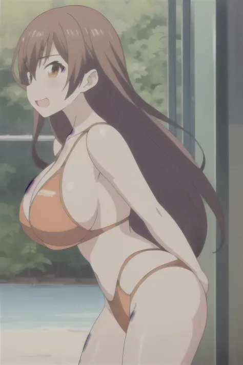 1girl, solo, (large breasts:1.1), (thick thighs:0.9), standing pose, from below, cowboy shot, smile, open mouth, himekawa_ami, himekawa_ami_bikini, long hair, looking at viewer, blush, brown hair, brown eyes, blue one-piece bikini, Orange bikini, orange ey...