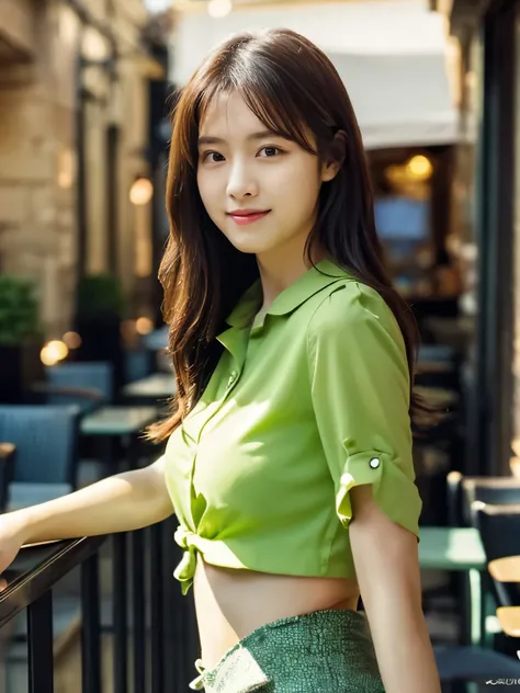 1 girl, (wearing a green blouse:1.2), black short skirt, beautiful japanese actress, (RAW photo, highest quality), (realistic, Photoreal:1.4), masterpiece, very delicate and beautiful, very detailed, 2K wallpaper, wonderful, finely, very detailed CG Unity ...