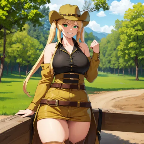 a woman with long blonde hair, pigtails, green eyes, cowboy hat, wearing a female cowboy costume, cowboy boots on a farm, well detailed, smiling, big breasts, trees in the background,HDR, ultra resolution, well defined, masterpiece, 8K HD. (solo woman)
