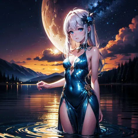 (masterpiece,best quality,ultra-detailed), CG, award winning, ccurate, UHD, textured skin, chromatic aberration, perfect anatomy, Fujicolor, fantasy, 1 young nymph standing in the center of the lake at night, fantastical starry sky, small breasts, short bo...