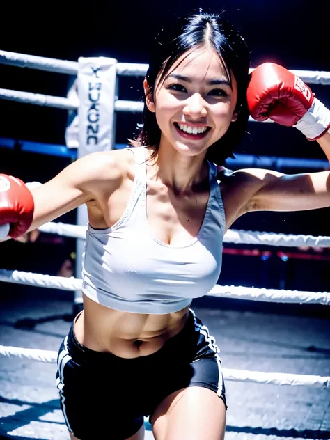 Professional female bantamweight boxer、Wearing a tight tank top and short running pants, clench ones fist、With a confident smile, She clenches her fist and attacks the viewer..、in a dynamic pose、boxing ring、During a boxing match、The crowd is gathering。