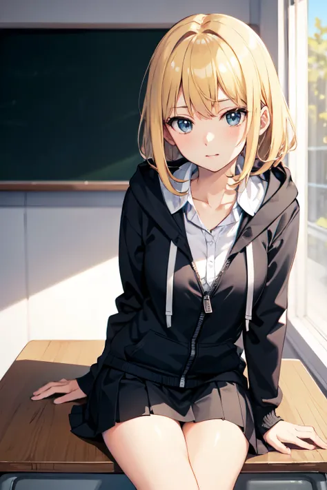 ((best quality)), ((masterpiece)), anime girl, blonde hair, highschool uniform, dark blue skirt, hoodie, unzipped hoodie, sit on the desk, classroom, facing at viewer