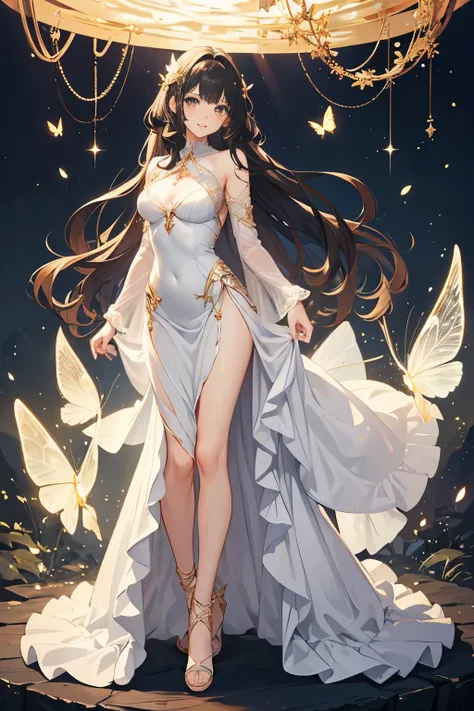 (masterpiece) manga style, soft lights, ethereal, magical looking, woman smiling, innocent, black hair, soft curly hair, brown eyes, looking kind, forest, fairytale, full body, butterfly, illustration, magical, light particles, fireflies, white dress, gree...