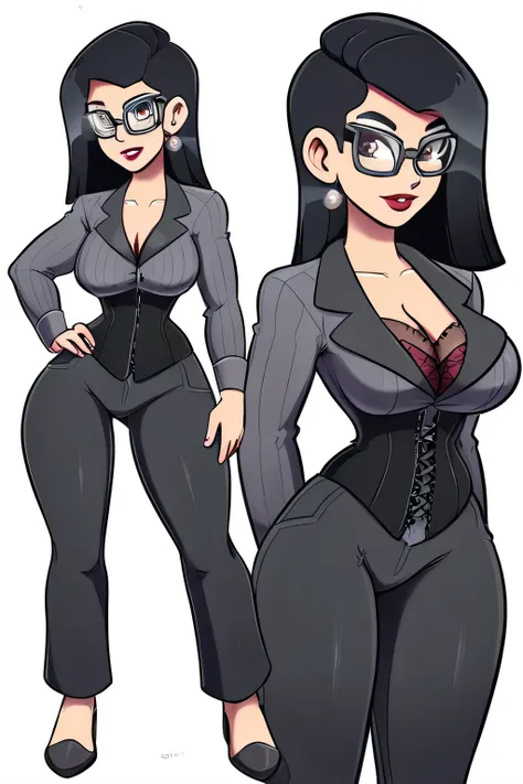 A unique sexual tall woman most beautiful longer straight black hair her gray eye wearing box glasses she wears metallic black corset blouse long sleeve her pants tight huge black thighs and elegant boot