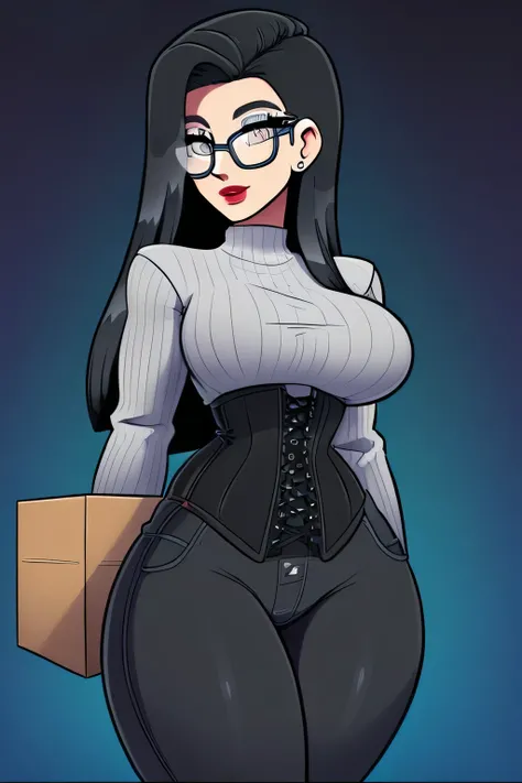 A unique sexual tall woman most beautiful longer straight black hair her gray eye wearing box glasses she wears metallic black corset blouse long sleeve her pants tight huge black thighs and elegant boot