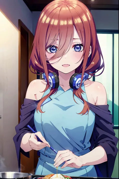 Miku Nakano, Miku Nakano, long hair, bangs, blue eyes, brown hair, shirt, hair between eyes, happy smile, smile, open your mouth,headphones around neck,Blue off-shoulder dress,long skirt,cook in the kitchen、フライパンでエビを調理する
break indoors, kitchen,
break looki...