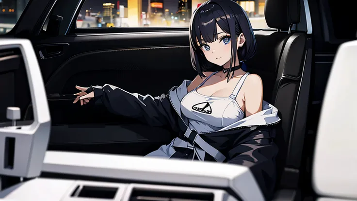 anime girl driving car, JDM Lexus LC interior, POV from the passenger seat, looking at the driver, anime girl driving, at night,