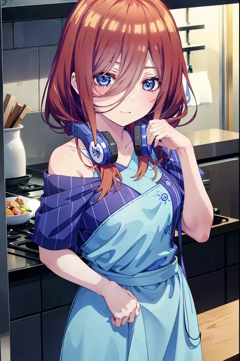 Miku Nakano, Miku Nakano, long hair, bangs, blue eyes, brown hair, shirt, hair between eyes, happy smile, smile, open your mouth,headphones around neck,Blue off-shoulder dress,long skirt,cook in the kitchen、フライパンでエビを調理する
break indoors, kitchen,
break looki...