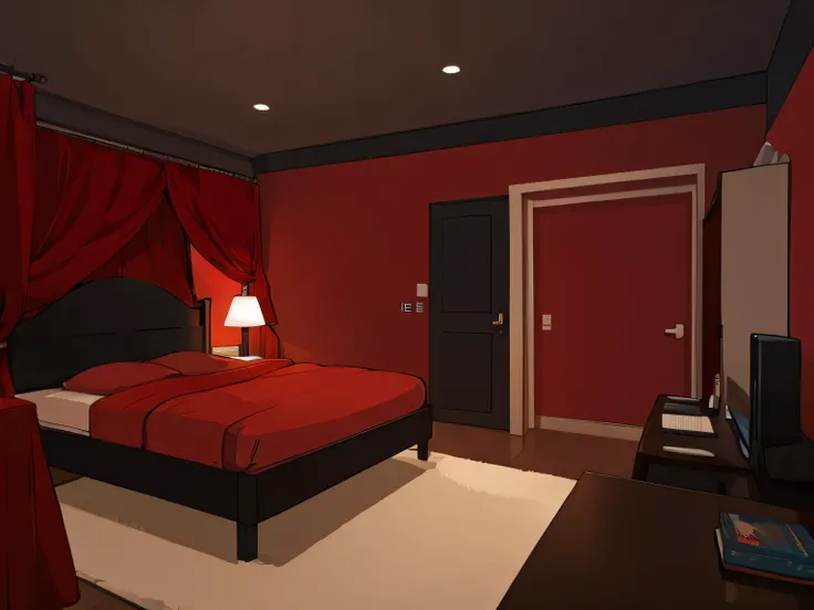 a simple bedroom with red colors,night. comic style. bdsm