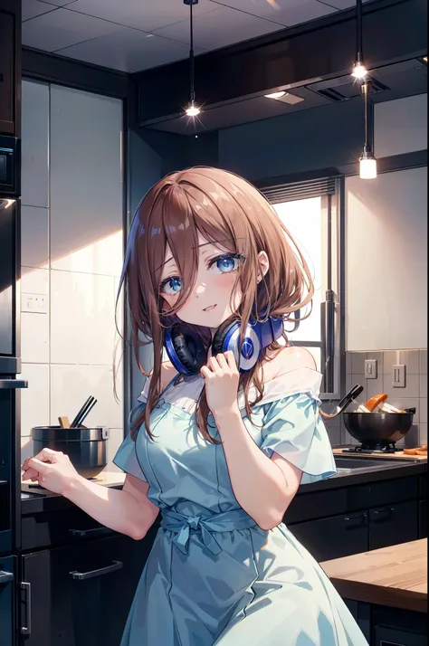 Miku Nakano, Miku Nakano, long hair, bangs, blue eyes, brown hair, shirt, hair between eyes, happy smile, smile, open your mouth,headphones around neck,Blue off-shoulder dress,long skirt,cook in the kitchen、フライパンでエビを調理する
break indoors, kitchen,
break looki...