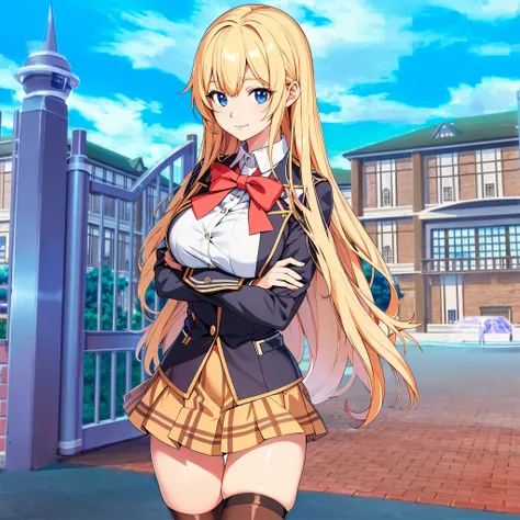 anime girl in  standing in front of a building, visual novel key visual, beautiful anime high school girl, from the azur lane videogame, visual novel cg, magical school student uniform, smooth anime cg art, azur lane style, blonde anime girl with long hair...