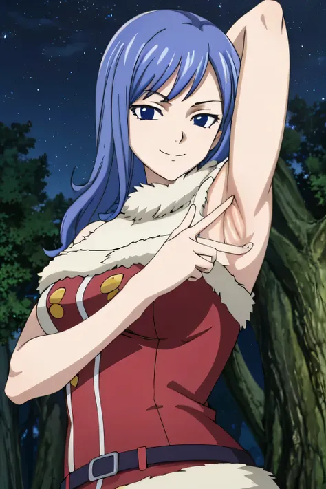 masterpiece, absurdres , (intricate details), (colorful), bust shot, extremely detailed CG unity 8k wallpaper, juviagmg, 1girl, looking at viewer, solo, night sky, forest, arms behind head, contrapposto, spread armpits, closed mouth, smile, upper body,