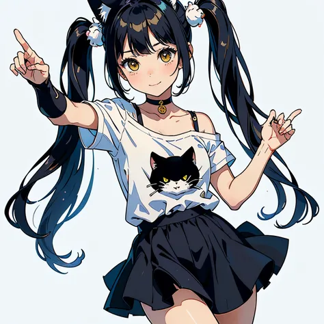 (highest quality, masterpiece, High resolution)、(anime art)、,cinematic light、soft light、1 girl、several girls、black hair、Black Cat Costume、White Cat Costume、Tabby cat costume、Striped cat costume、Persian Cat Costume、3-color cat costume、(loose t-shirt)、loose ...