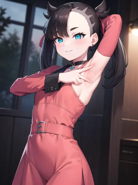 pokemonmarnie, aqua eyes, asymmetrical bangs, asymmetrical hair, black hair, hair ribbon, long hair, red ribbon, ribbon, twintails, (small breasts:1.2),
black choker, black jacket, choker, dress, earrings, jacket, jewelry, long sleeves, open clothes, pink ...