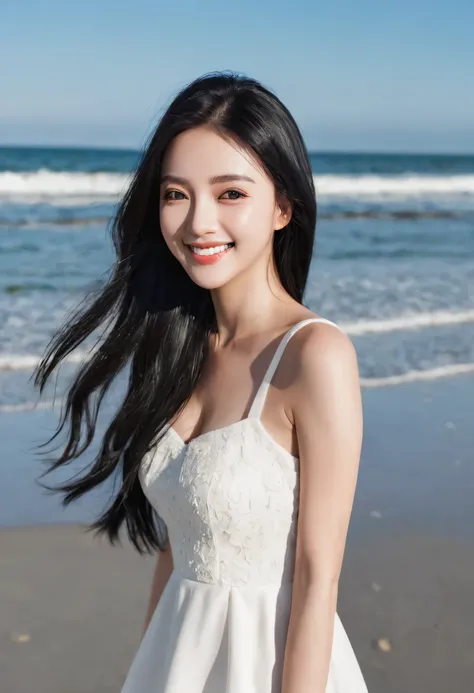 black hair, long hair, Smile, long eyelashes, Solid round eye, Smile, white dress, beach, shadow, Surrealism, tachi-e, pov, 8K